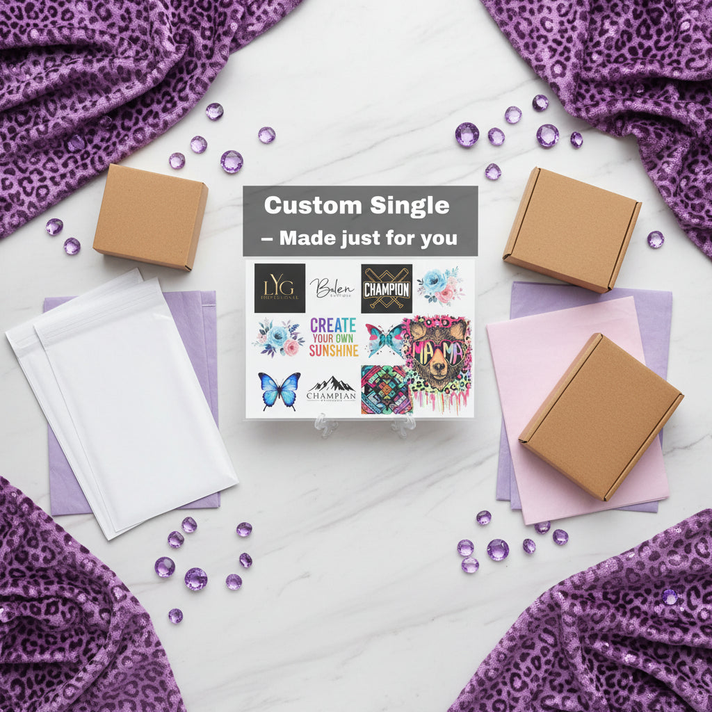 Custom Gift-Ready 12x12 Ready-to-Press DTF Transfer showing custom artwork with ready to press transfers, custom personalized shirt, custom apparel printing