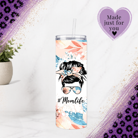 Momlife 20oz Tumbler Messy Bun Floral Travel Mug Peach Flower Cup Mothers Day Gift For Her Cute Mama Drinkware with floral design and straw.