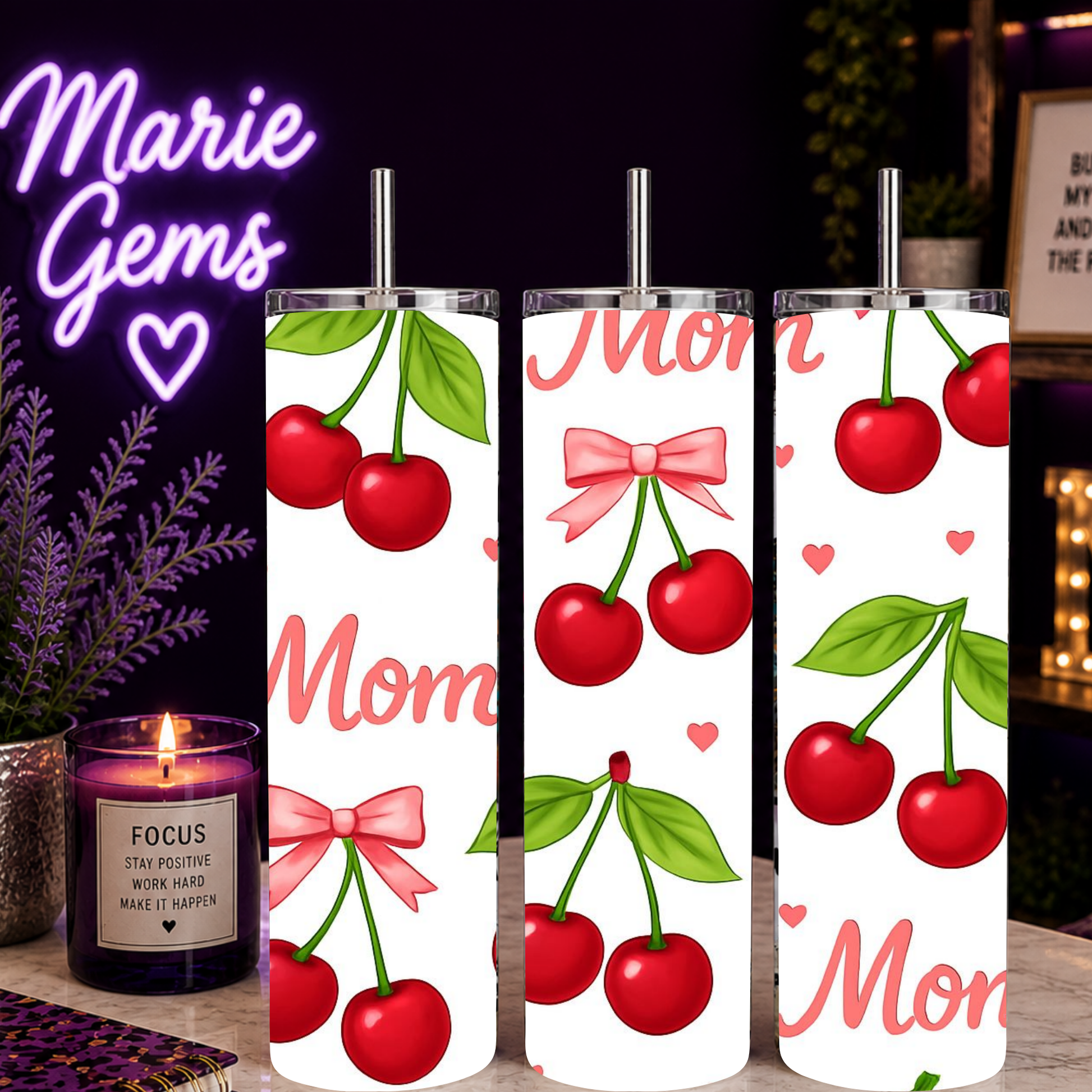 Cherry Mom 20oz Tumbler Stainless Steel Cup Red Cherry Gift For Mothers Day Coquette Aesthetic Pink Bow Drinkware with cherry design