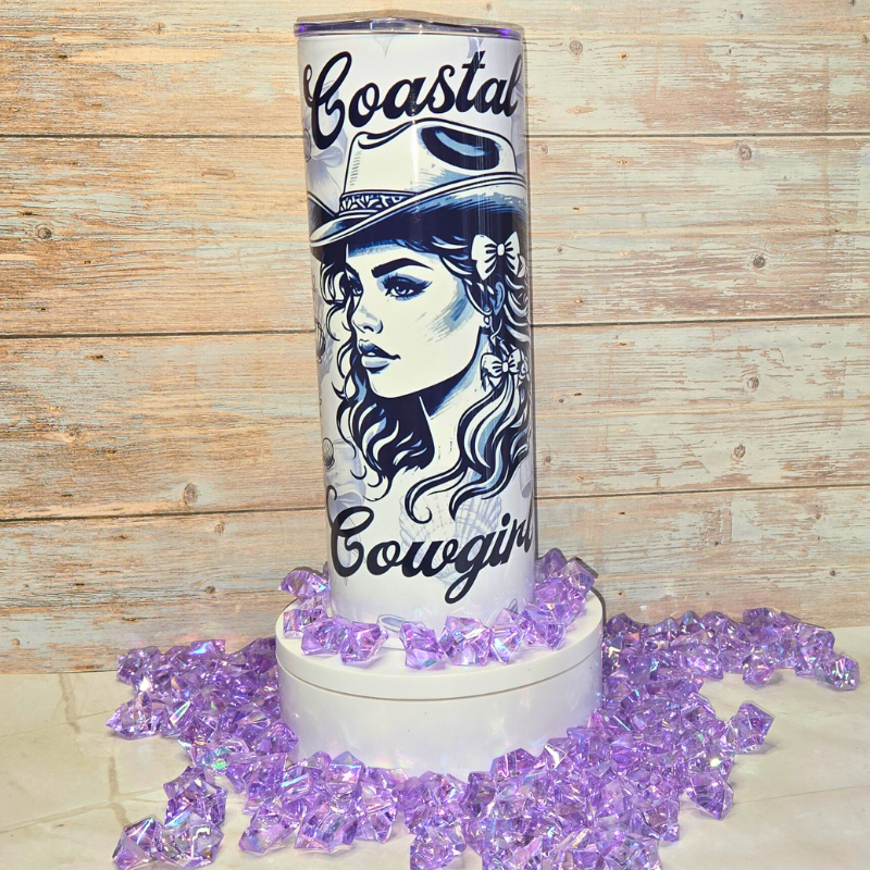 Coastal Cowgirl Tumbler 20 oz - Beachy Western Style Cup with Seashells and Bows