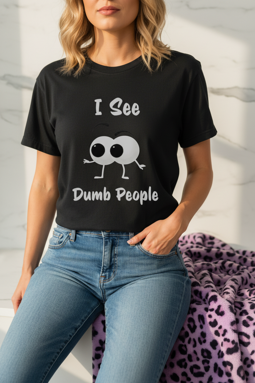 Funny Dark Humor Shirt | I See Dumb People Graphic Tee with cartoon eyes and text on black casual shirt