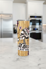 Skeleton Coffee Tumbler with Pink 20 oz Stainless Steel Tumbler showing skeleton coffee tumbler with pink glitter roses artwork with insulated stainless steel tumbler, alternative