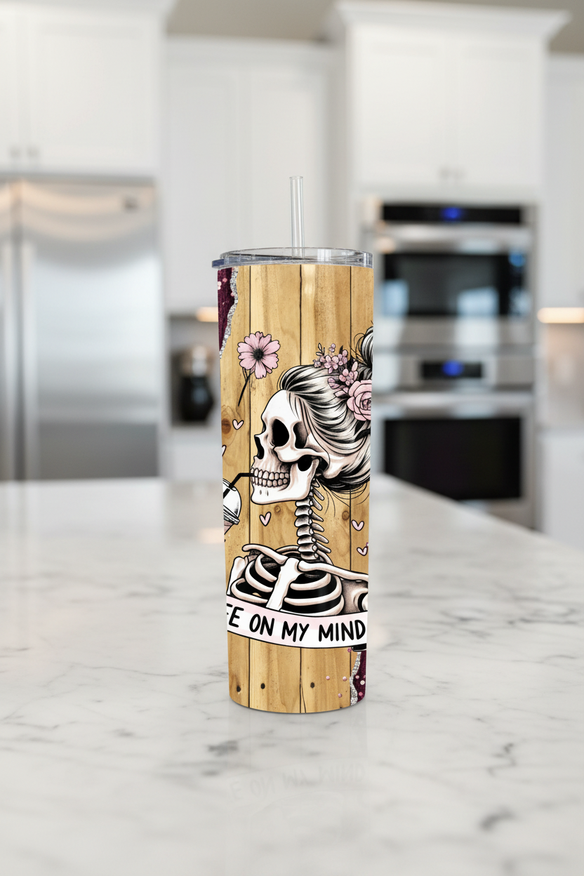Skeleton Coffee Tumbler with Pink 20 oz Stainless Steel Tumbler showing skeleton coffee tumbler with pink glitter roses artwork with insulated stainless steel tumbler, alternative