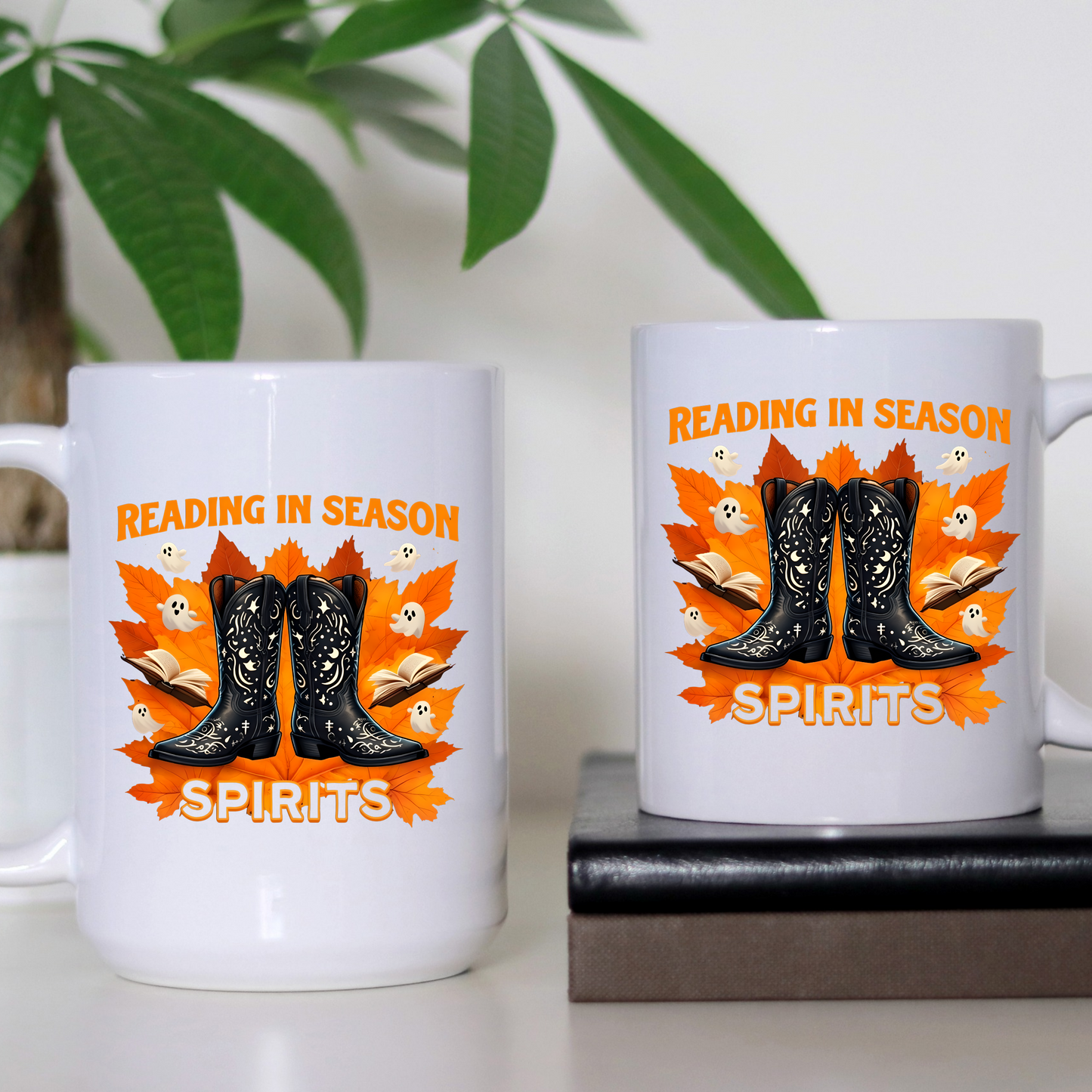 Western Book Lover Mug, Halloween Reading Mug, Cowboy Boots Fall Mug, Spooky Season Coffee Cup, Cozy Bookworm Mug, Literary Drinkware