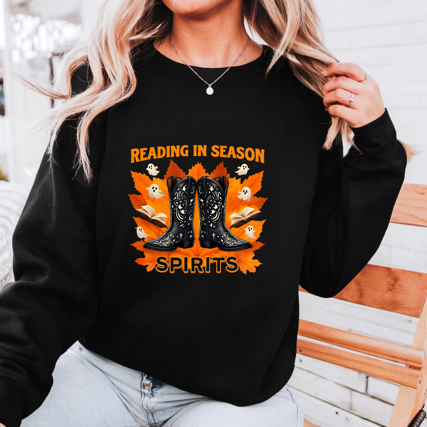 Western Book Lover Crewneck Sweatshirt, Halloween Reading Sweatshirt, Cowboy Boots Fall Vibes, Spooky Season Bookworm