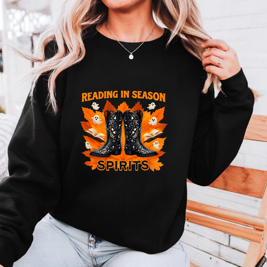 Western Book Lover Crewneck Sweatshirt, Halloween Reading Sweatshirt, Cowboy Boots Fall Vibes, Spooky Season Bookworm