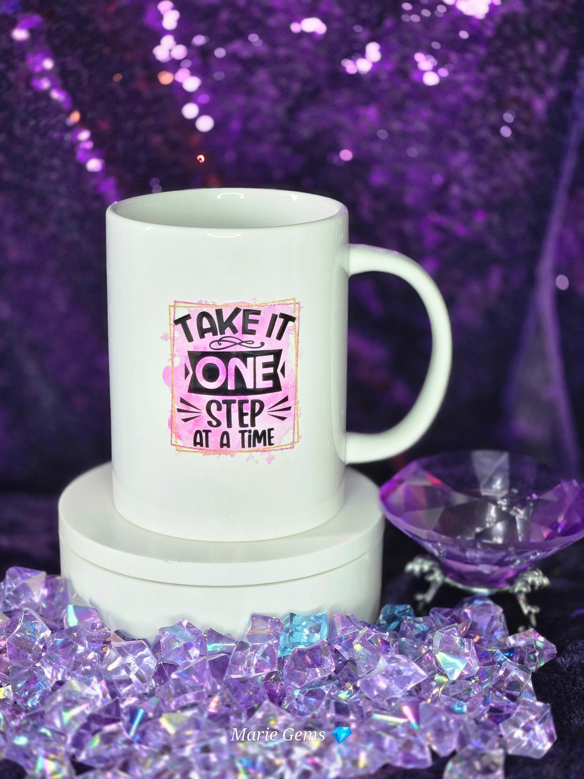 15oz White Ceramic Motivational Coffee Mug With Take It One Step At A Time And The Best Way Out Is Always Through by Marie Gems