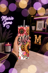 Mama Handmade Gift-Ready 20 oz Stainless Steel Tumbler showing mama tumbler 20 oz leopard sunflower mom gift artwork with iced coffee for moms, 20 oz mom tumbler, floral cheetah