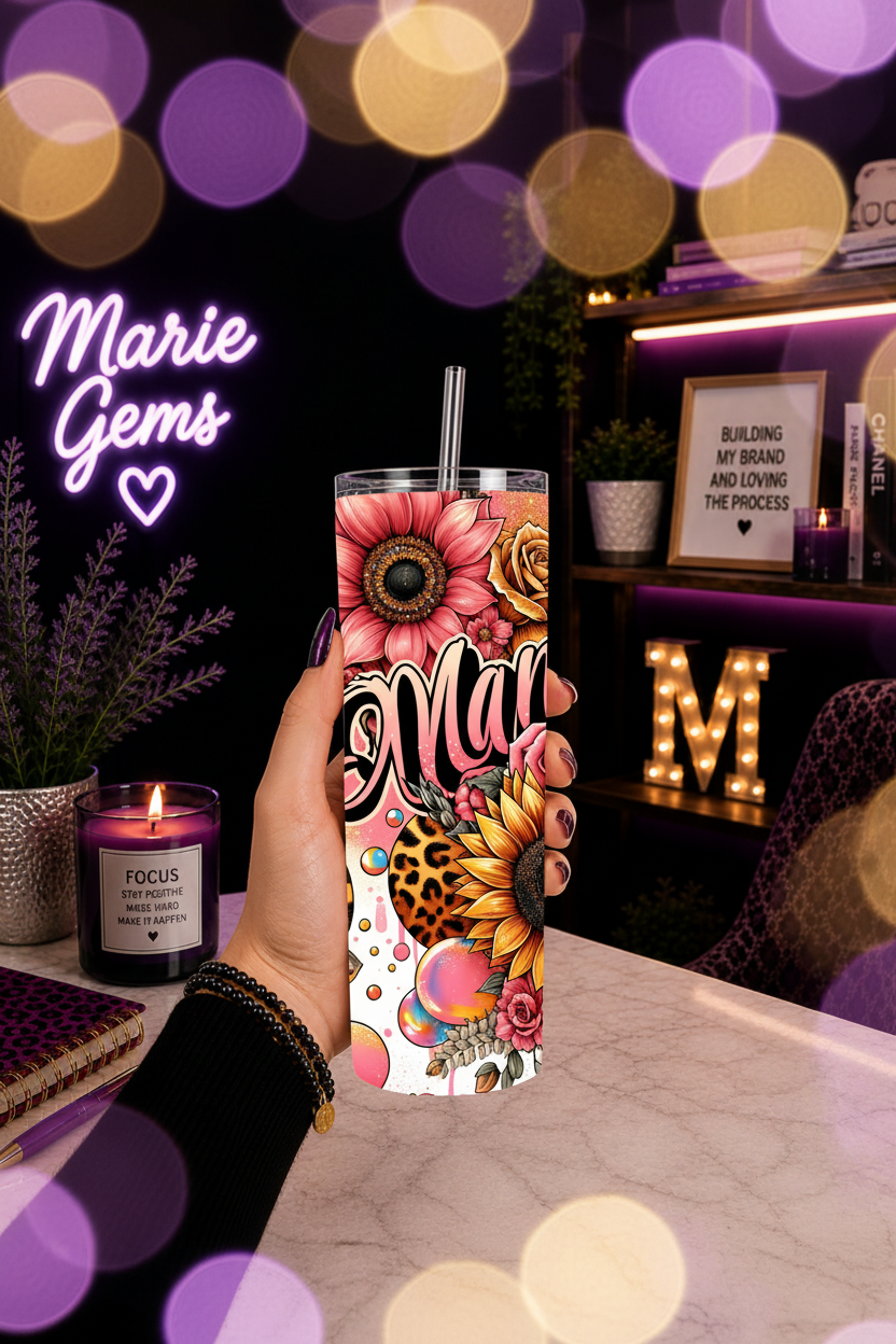 Mama Handmade Gift-Ready 20 oz Stainless Steel Tumbler showing mama tumbler 20 oz leopard sunflower mom gift artwork with iced coffee for moms, 20 oz mom tumbler, floral cheetah
