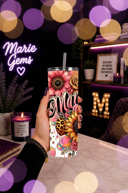 Mama Handmade Gift-Ready 20 oz Stainless Steel Tumbler showing mama tumbler 20 oz leopard sunflower mom gift artwork with iced coffee for moms, 20 oz mom tumbler, floral cheetah