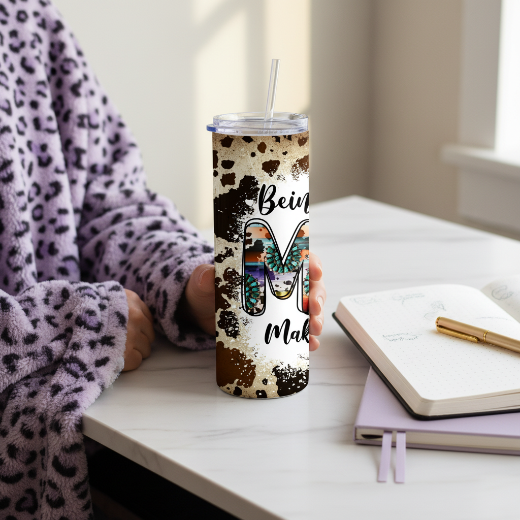 Western Mom 20oz Tumbler Cowhide Sunflower Travel Mug Boho Country Gift For Her Being A Mom Makes My Life Complete with straw