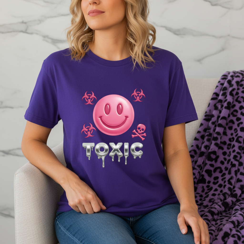 Toxic Smiley Face T-Shirt | Pink Y2K Graphic Tee | Cyberpunk Statement Shirt with pink toxic symbols on purple shirt