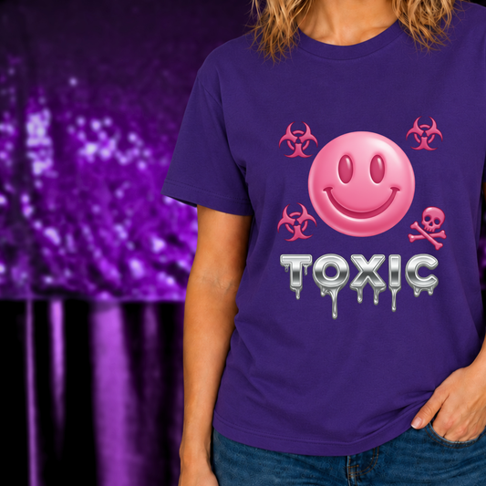 Toxic Smiley Face T-Shirt | Pink Y2K Graphic Tee | Cyberpunk Statement Shirt with pink toxic symbols on purple shirt