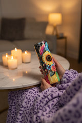 Neon Sunflower Handmade 20 oz Stainless Steel Tumbler showing neon sunflower tumbler artwork with insulated stainless steel tumbler, stainless steel tumbler, neon sunflower