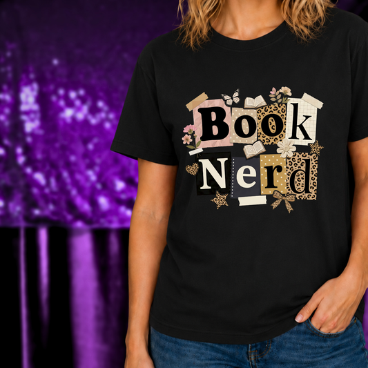 Book Nerd T-Shirt | Vintage Reading Graphic Tee | Retro Book Lover Shirt with collage-style lettering and book accents on black fabric