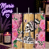 Skeleton Coffee Tumbler with Pink 20 oz Stainless Steel Tumbler showing skeleton coffee tumbler with pink glitter roses artwork with insulated stainless steel tumbler, alternative