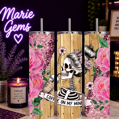 Skeleton Coffee Tumbler with Pink 20 oz Stainless Steel Tumbler showing skeleton coffee tumbler with pink glitter roses artwork with insulated stainless steel tumbler, alternative