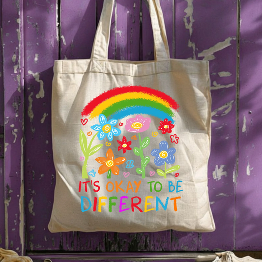 It's Okay To Be Different Tote Bag, Autism Awareness Canvas Bag, Rainbow Flower Aesthetic Design, Neurodivergent Pride, Inclusion Gift by Printify