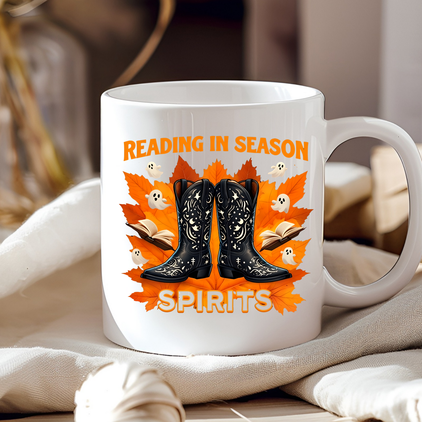 Western Book Lover Mug, Halloween Reading Mug, Cowboy Boots Fall Mug, Spooky Season Coffee Cup, Cozy Bookworm Mug, Literary Drinkware
