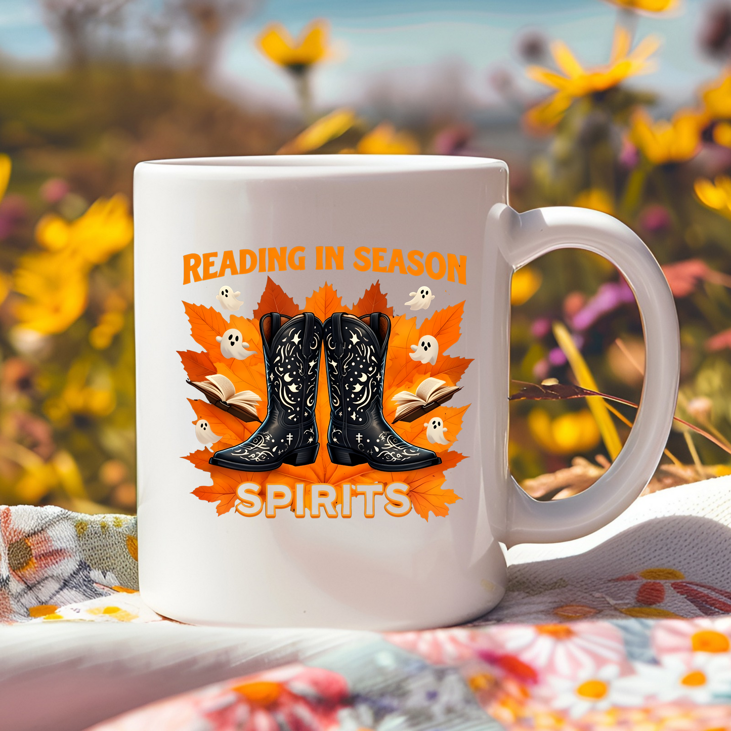Western Book Lover Mug, Halloween Reading Mug, Cowboy Boots Fall Mug, Spooky Season Coffee Cup, Cozy Bookworm Mug, Literary Drinkware