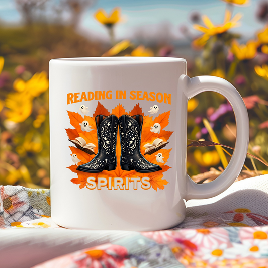 Western Book Lover Mug, Halloween Reading Mug, Cowboy Boots Fall Mug, Spooky Season Coffee Cup, Cozy Bookworm Mug, Literary Drinkware