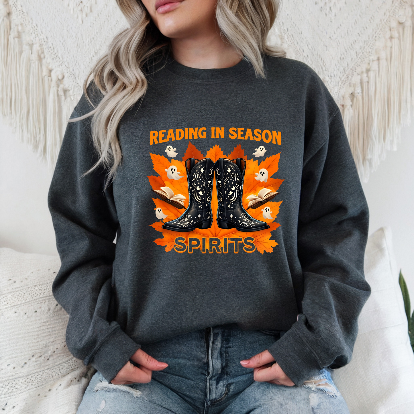 Western Book Lover Crewneck Sweatshirt, Halloween Reading Sweatshirt, Cowboy Boots Fall Vibes, Spooky Season Bookworm