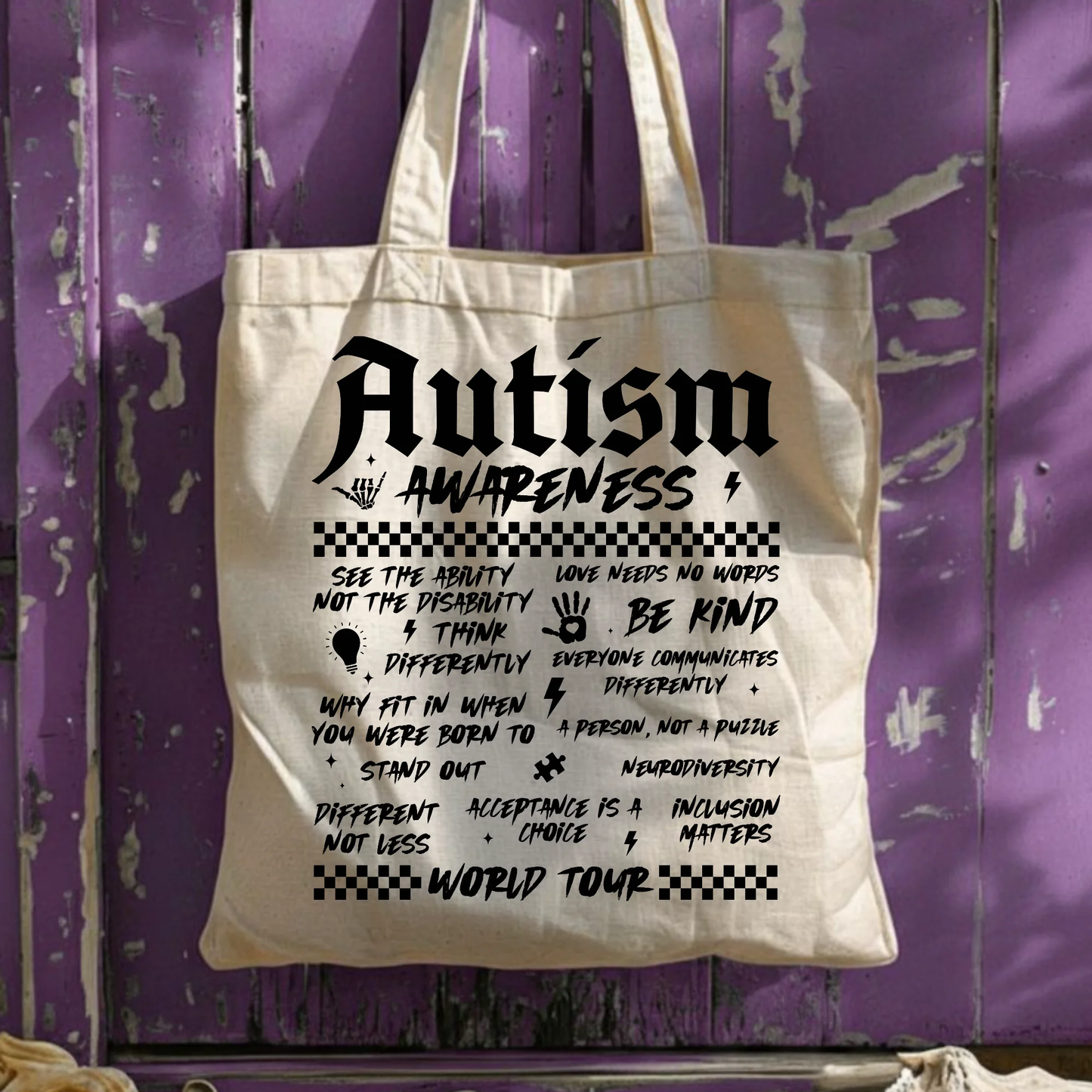 Autism World Tour Tote, Edgy Neurodiversity Bag, Different Not Less Graphic Tote, Trendy Rock Style Autism Bag, Acceptance is a Choice Bag by Printify