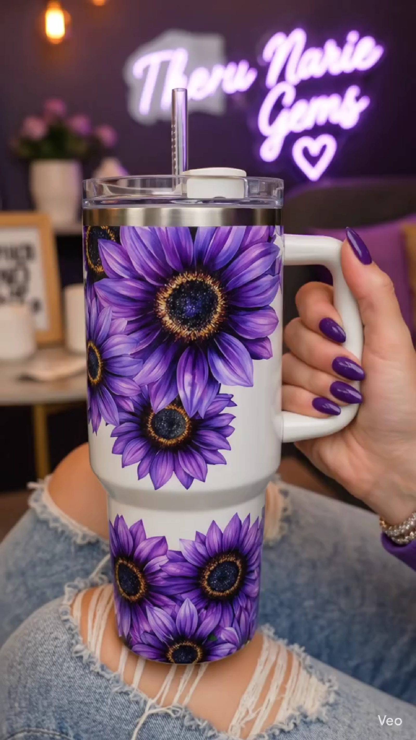Purple Sunflower 40oz Tumbler | Boho Floral Travel Mug