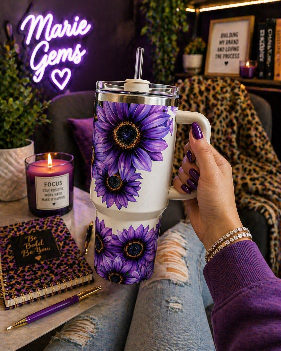 Purple Sunflower 40oz Tumbler | Boho Floral Travel Mug