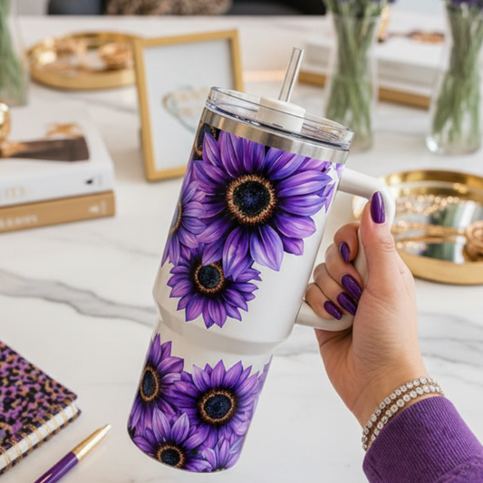 Purple Sunflower 40oz Tumbler | Boho Floral Travel Mug