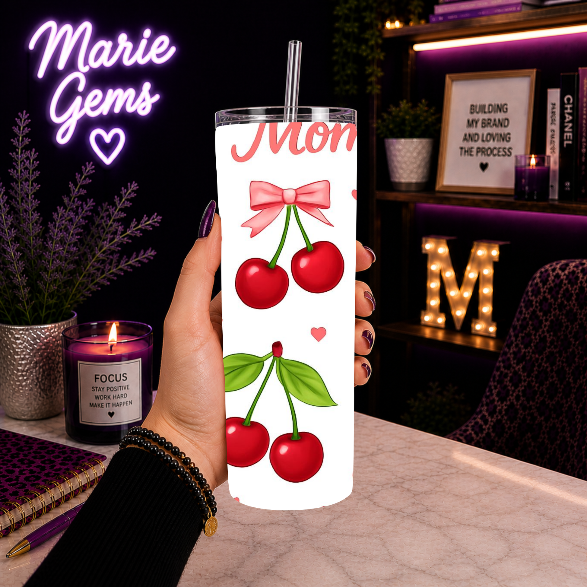 Hand holding Cherry Mom 20oz Tumbler Stainless Steel Cup Red Cherry Gift For Mothers Day Coquette Aesthetic Pink Bow Drinkware