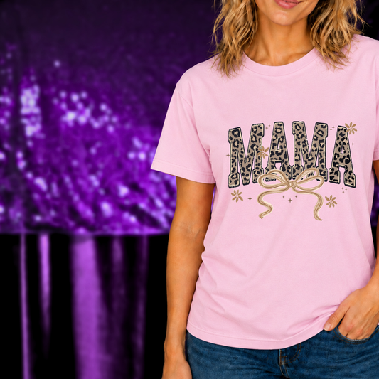 Leopard Mama Varsity Tee Gold | Trendy Mom Life Shirt with leopard print lettering and gold bow on light pink fabric