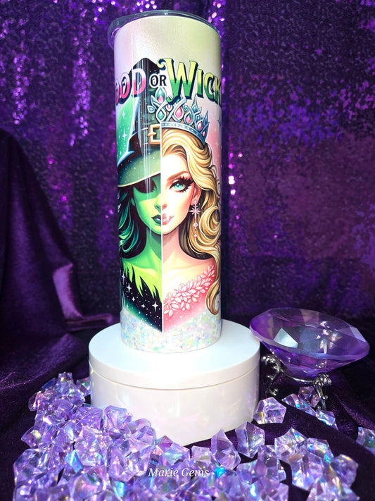 Good Or Wicked 20oz Tumbler Stainless Steel Cup Glinda And Elphaba Handmade Glitter Pink And Green Drinkware by Marie Gems