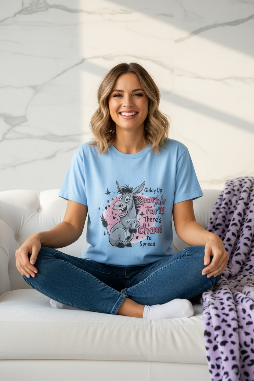 Funny Donkey Shirt | Giddy Up Chaos Tee | Marie Gems with cartoon donkey and playful sparkle farts text on light blue fabric