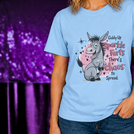 Funny Donkey Shirt | Giddy Up Chaos Tee | Marie Gems with cartoon donkey and playful sparkle farts text on light blue fabric