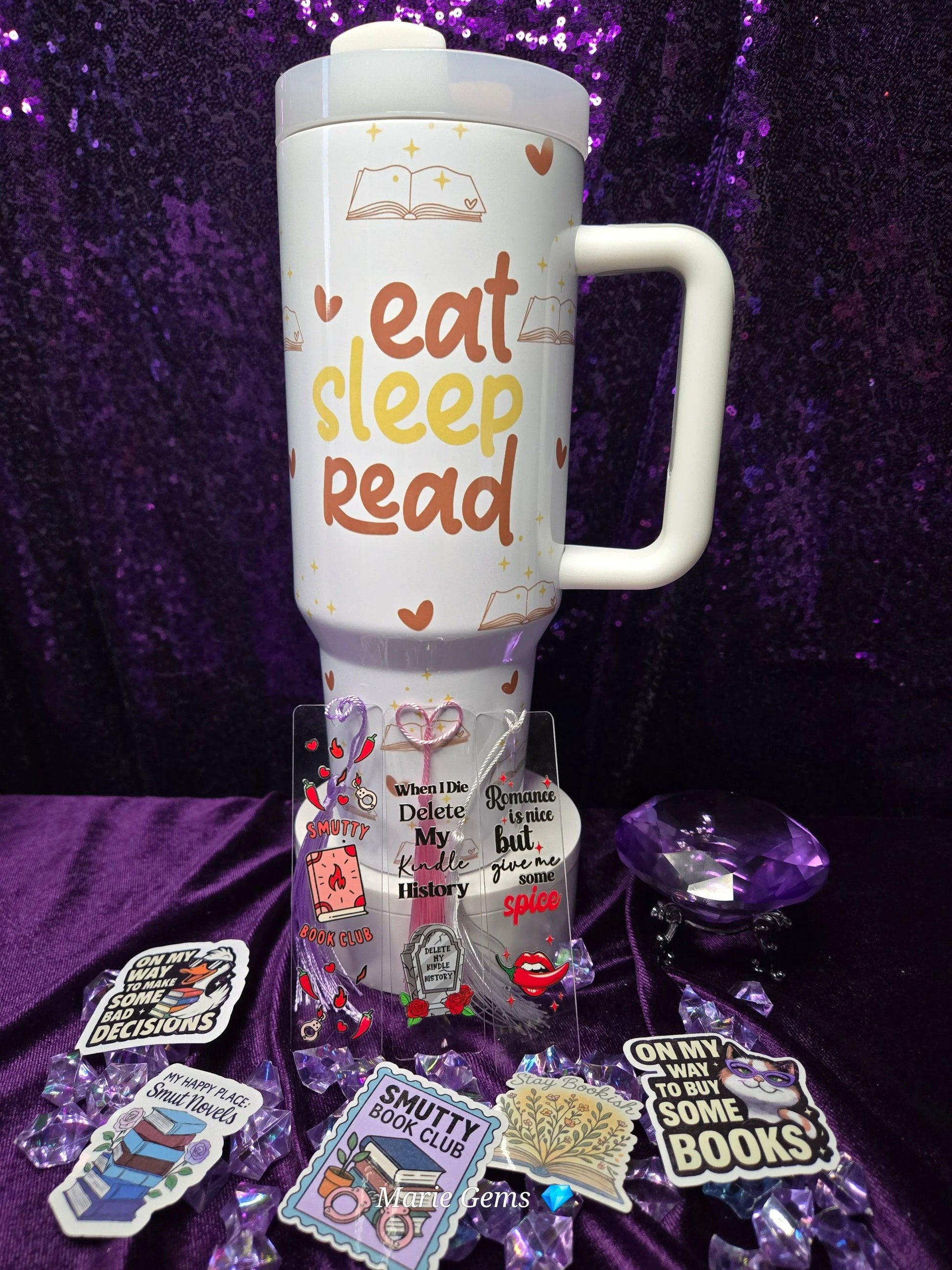 The "Eat Sleep Read" Reader Bundle | Tumbler + Acrylic Bookmarks + Sticker Pack by Marie Gems