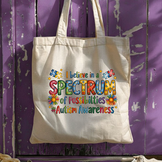 I Believe in a Spectrum of Possibilities Tote Bag, Autism Awareness Canvas Bag, Rainbow Puzzle Piece Design, Special Education Teacher Gift, Inclusion Matters by Printify