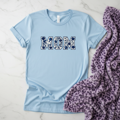 Blue Floral Mom Made-to-Order Unisex Graphic T-Shirt showing blue floral mom t-shirt artwork with blue floral mom shirt, funny shirts for mom, mothers day shirt