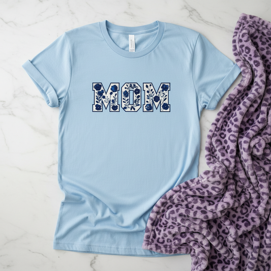 Blue Floral Mom T-Shirt shown in a styled product mockup