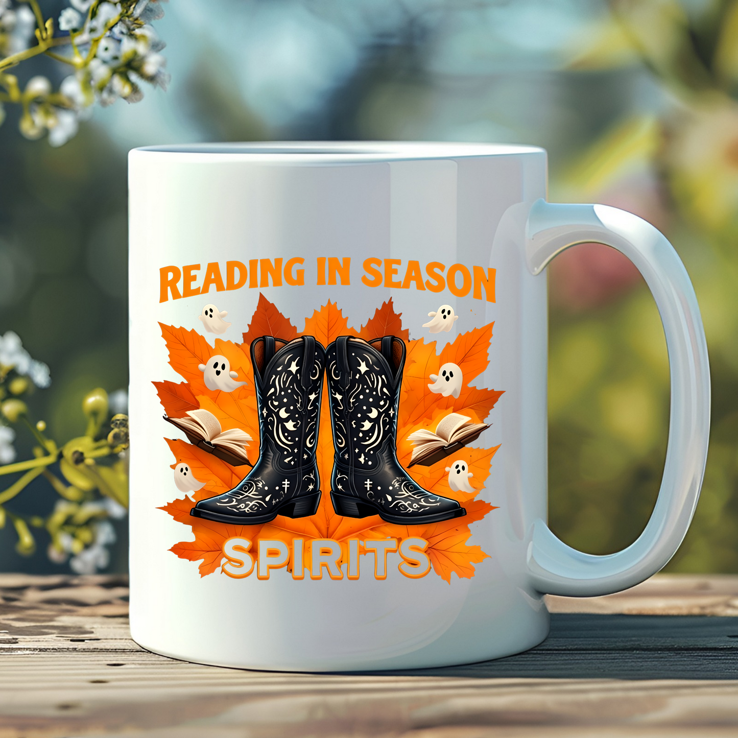 Western Book Lover Mug, Halloween Reading Mug, Cowboy Boots Fall Mug, Spooky Season Coffee Cup, Cozy Bookworm Mug, Literary Drinkware
