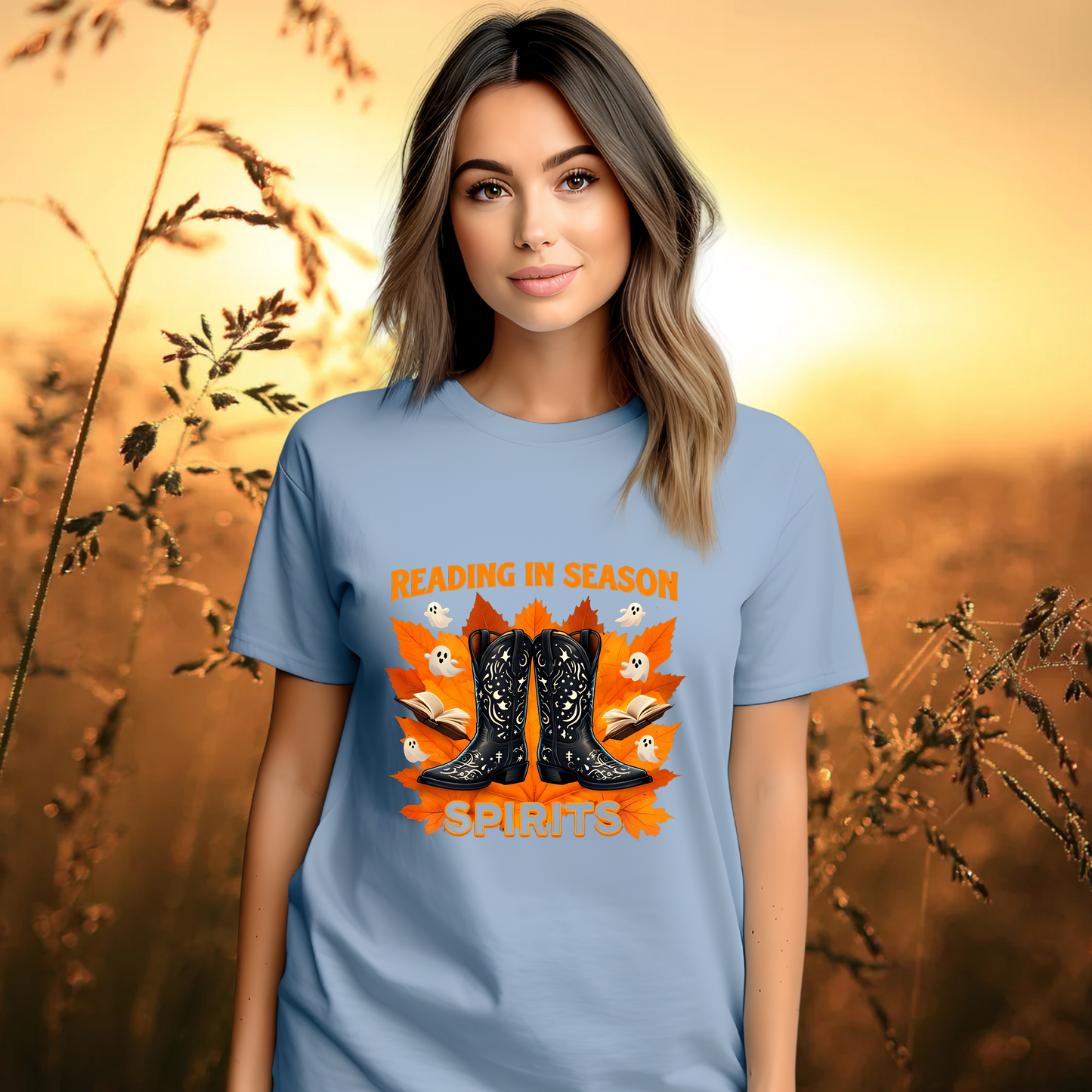 Western Book Lover T-Shirt, Halloween Reading Shirt, Cowboy Boots Fall Vibes, Spooky Season T-Shirt, Cozy Bookworm Tee