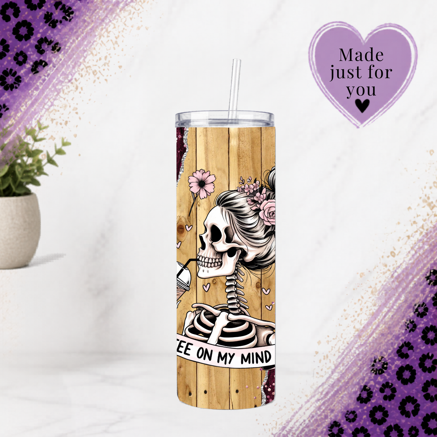 Goth Glam Skeleton Coffee Tumbler 20 Oz With Pink Glitter Roses Insulated Skinny Cup For Iced Drinks Gift For Her with floral skull design