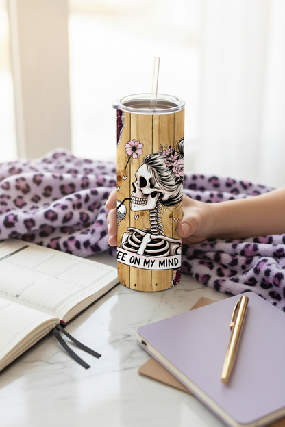 Skeleton Coffee Tumbler with Pink 20 oz Stainless Steel Tumbler showing skeleton coffee tumbler with pink glitter roses artwork with insulated stainless steel tumbler, alternative