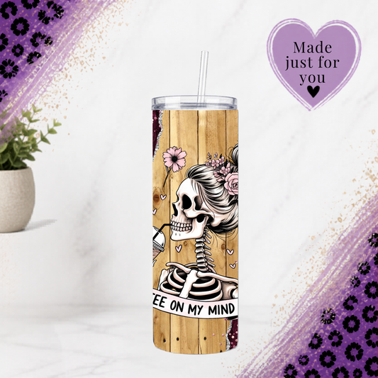 Goth Glam Skeleton Coffee Tumbler 20 Oz With Pink Glitter Roses Insulated Skinny Cup For Iced Drinks Gift For Her with floral skull design