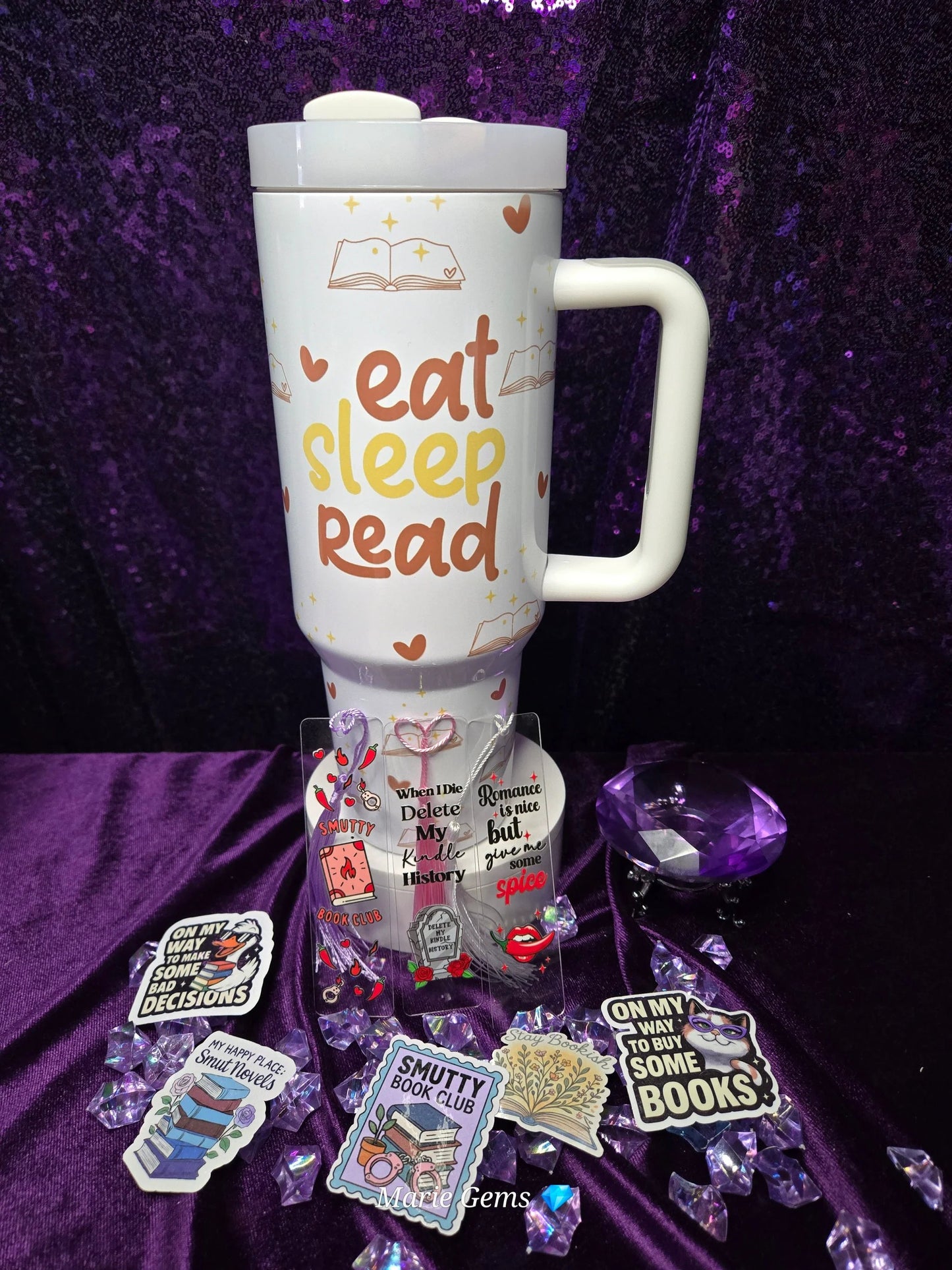 The "Eat Sleep Read" Reader Bundle | Tumbler + Acrylic Bookmarks + Sticker Pack by Marie Gems