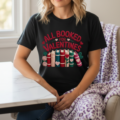 All Booked Valentine Handmade Unisex Graphic T-Shirt showing all booked valentine shirt artwork with book lover valentine shirt, valentine gift for reader, bookish valentine tee