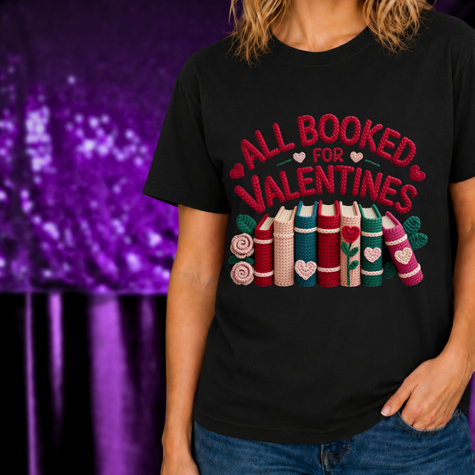 All Booked for Valentine’s T-Shirt | Book Lover Valentine Tee with colorful books and hearts on black shirt