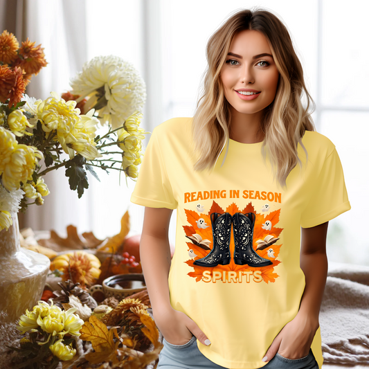 Western Book Lover T-Shirt, Halloween Reading Shirt, Cowboy Boots Fall Vibes, Spooky Season T-Shirt, Cozy Bookworm Tee