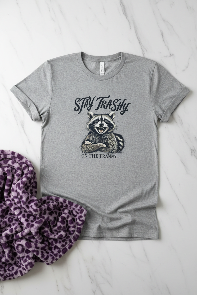 Stay Trashy Raccoon T-Shirt shown in a gift idea display