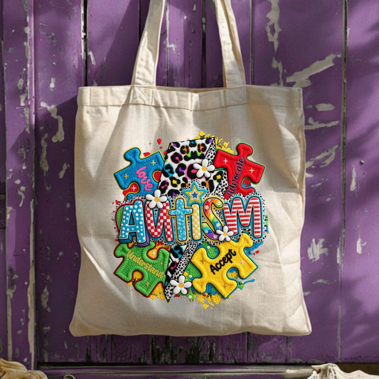 Autism Advocate Tote Bag, 3D Puff Embroidery Look Canvas Bag, Neurodiversity Acceptance Gift, Leopard Print Lightning Bolt Rainbow Book Bag by Printify